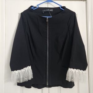 Porto SAN FRANCISCO Black Zip-Front Jacket Lace & Pearl Trim Sleeves SIZE 3/ L
